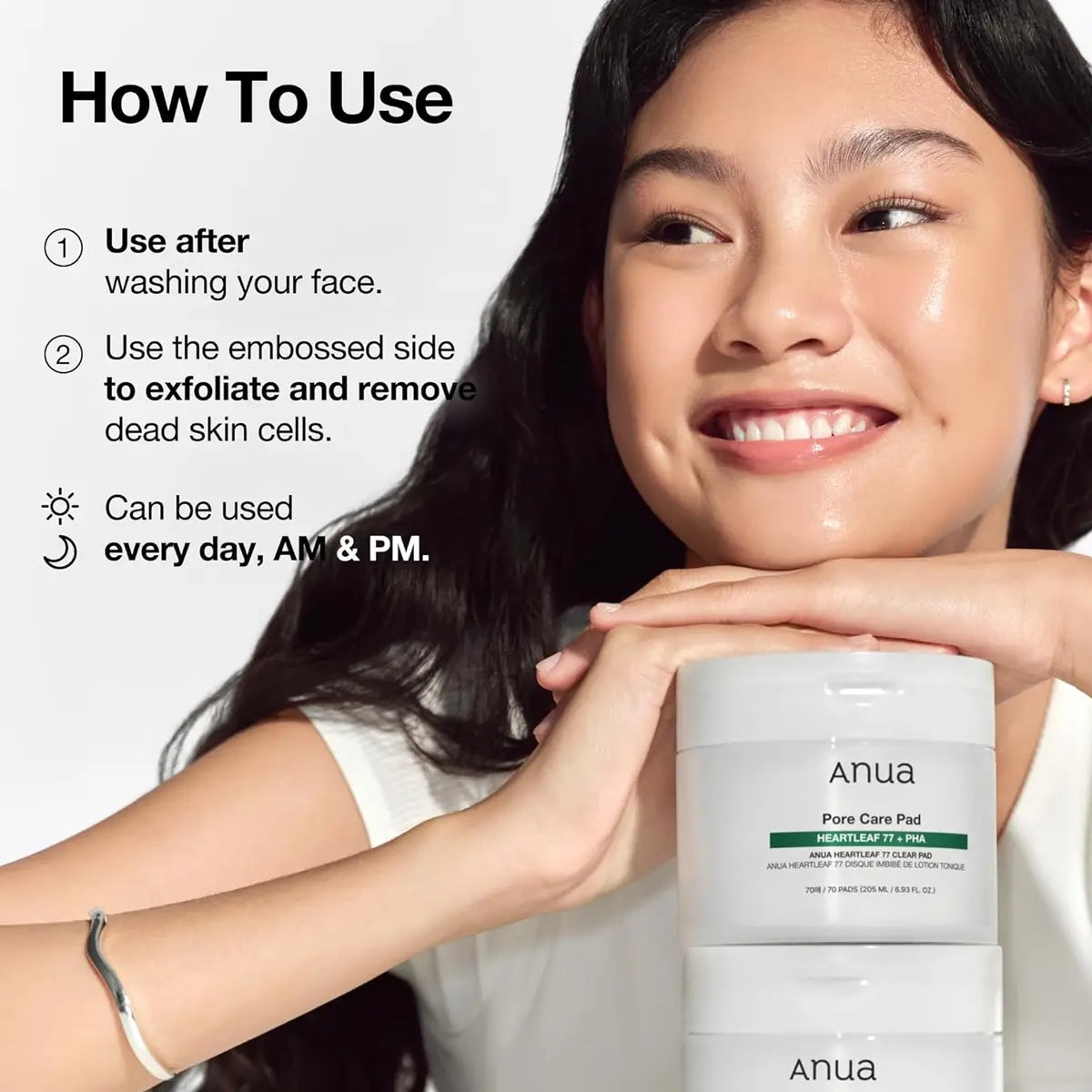 Woman holding a skincare product with text on how to use it