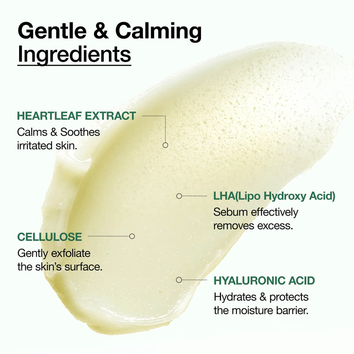 Product with labeled gentle and calming ingredients on a white background