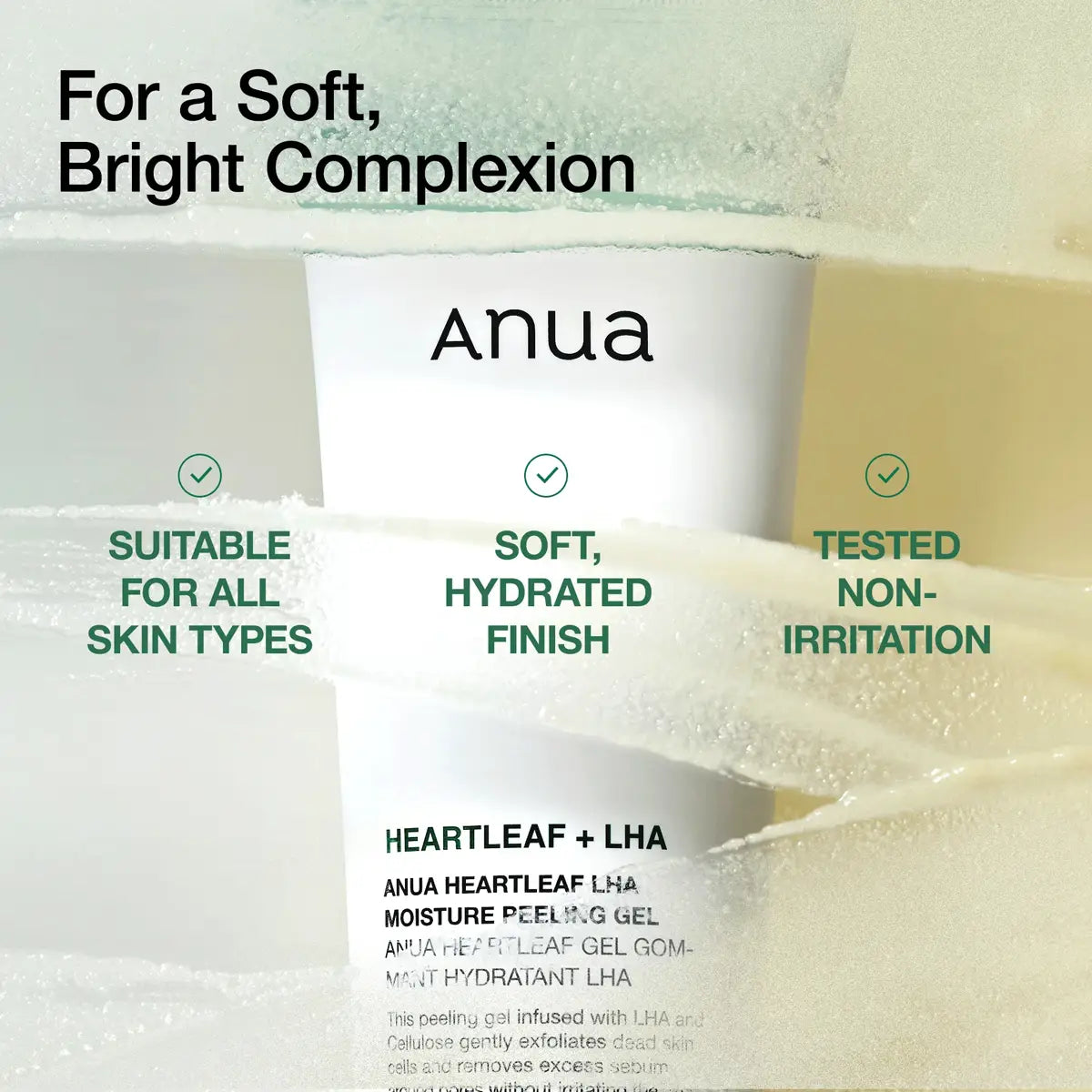 Anua Heartleaf + LHA moisture peeling gel with product details on a textured background