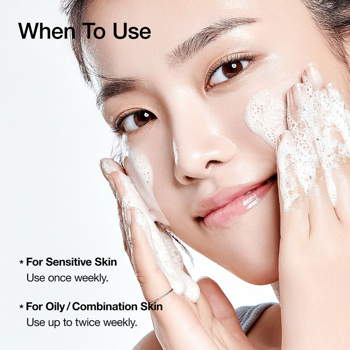 Woman applying a skincare product with text on usage for different skin types.