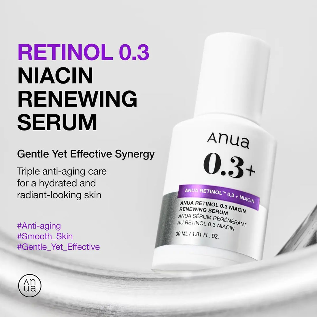 Anua Retinol 0.3 Niacin Renewing Serum bottle with text on a gray background
