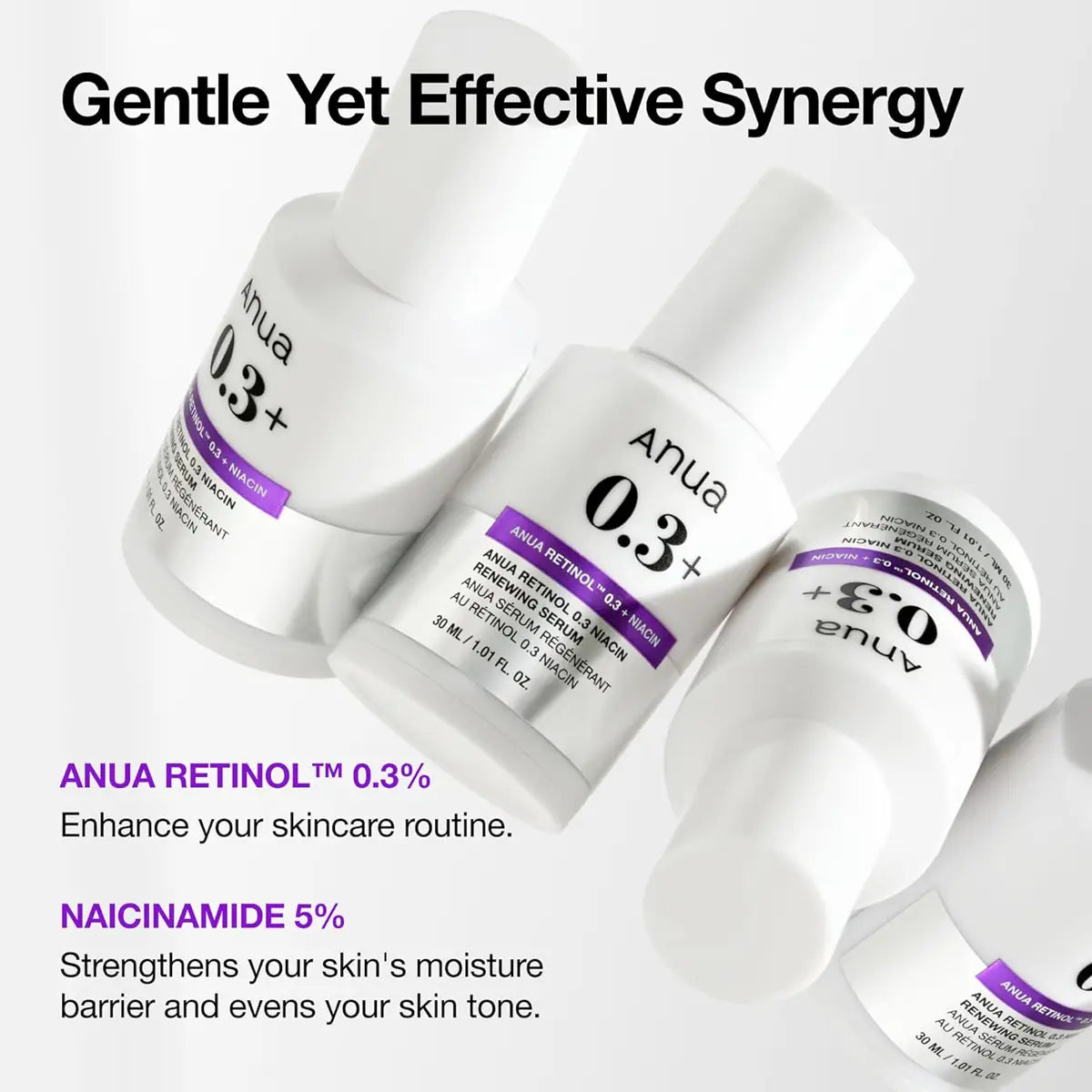 Anua skincare products with retinol and niacinamide on a white background