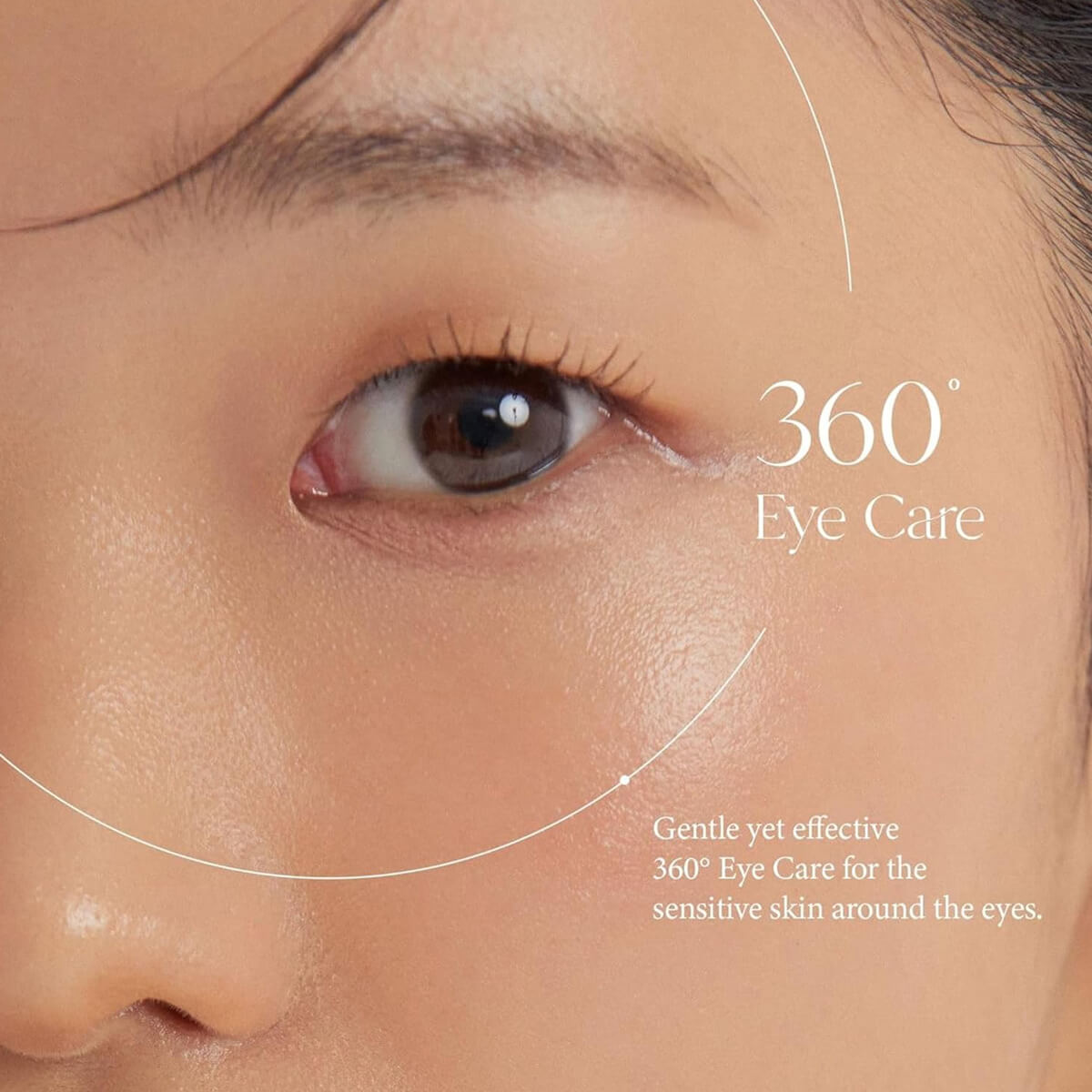 Close-up of eye area with text '360° Eye Care' and 'Gentle yet effective 360° Eye Care for the sensitive skin around the eyes'.