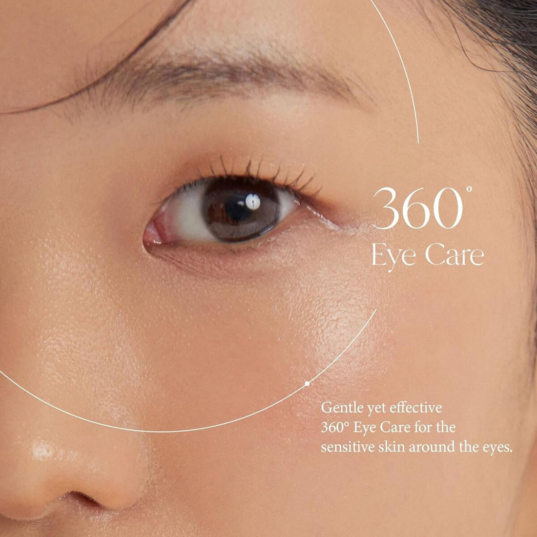 Close-up of eye area with text '360° Eye Care' and 'Gentle yet effective 360° Eye Care for the sensitive skin around the eyes'.