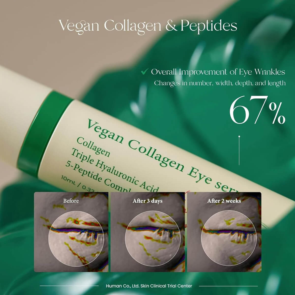 Vegan collagen eye serum with before and after effects on wrinkles, labeled as Human Co., Ltd.
