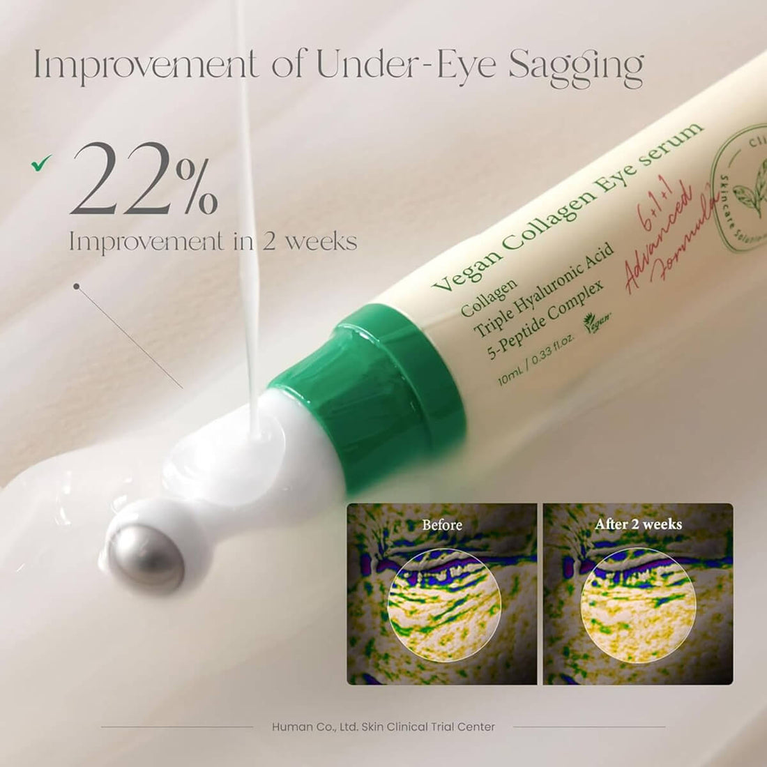 Vegan Collagen Eye serum tube with before and after effects on skin