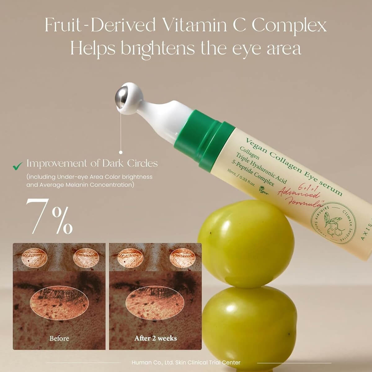Collagen eye serum with grapes and before-after skin improvement results on a beige background