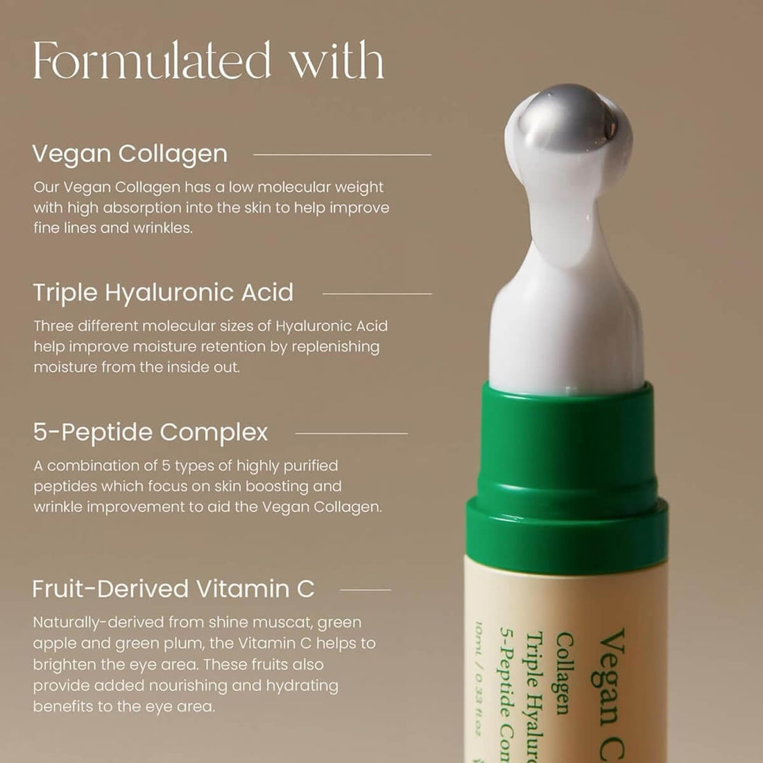 Vegan collagen eye cream with ingredients listed on a beige background