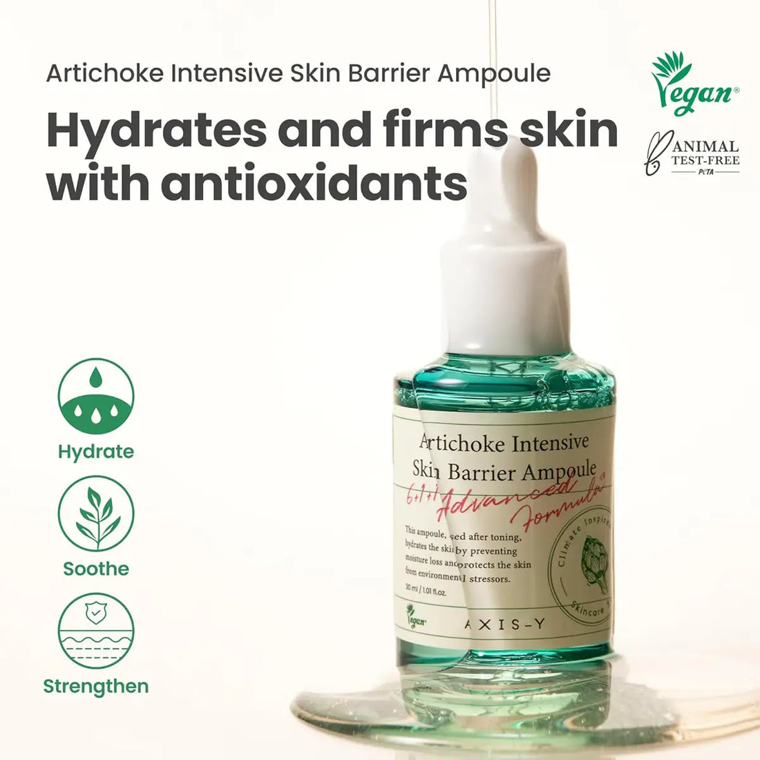 Artichoke Intensive Skin Barrier Ampoule bottle with text and icons on a white background