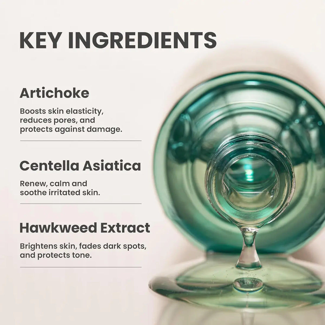 Glass bottle with green liquid and key ingredients listed on a white background