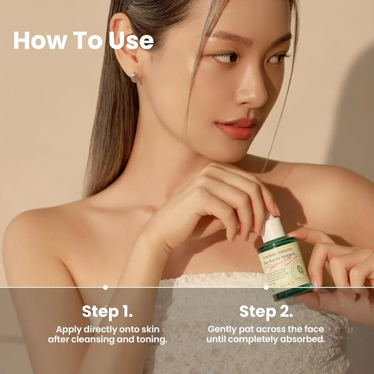 Woman applying skincare product with text on how to use it