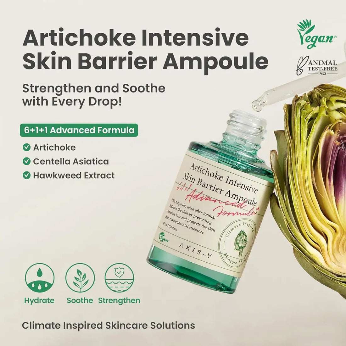 Artichoke Intensive Skin Barrier Ampoule with product bottle and artichoke plant on a light background