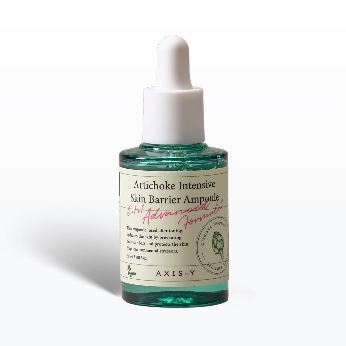 Bottle of Artichoke Intensive Skin Barrier Ampoule with dropper on a white background