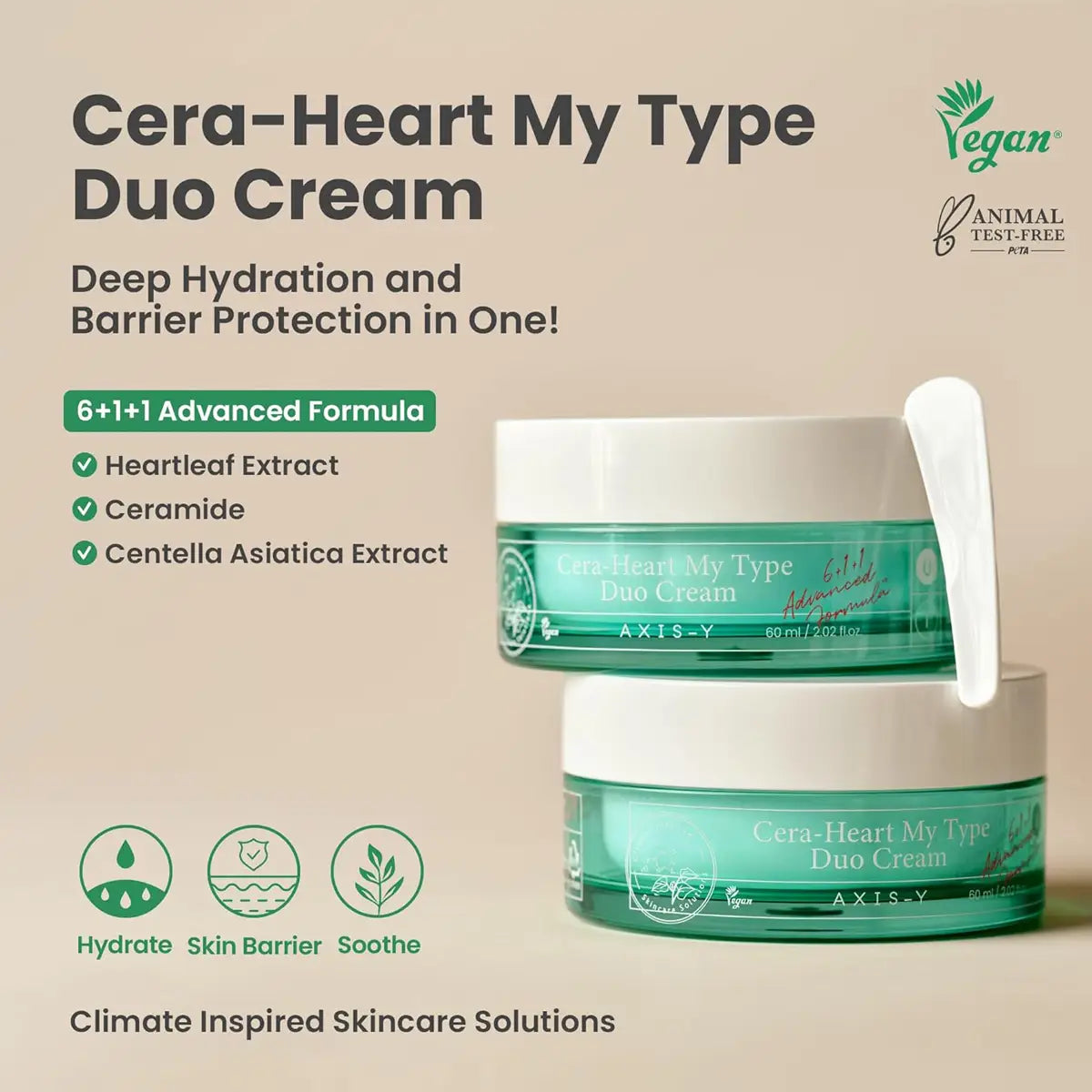 Cera-Heart My Type Duo Cream packaging with green jar and white lid on a beige background