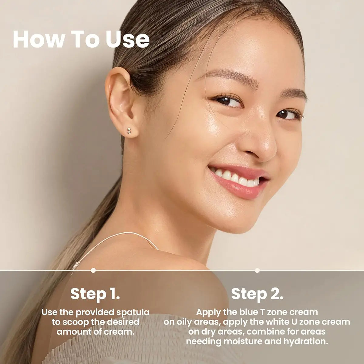 Woman with clear skin and text on how to use a skincare product