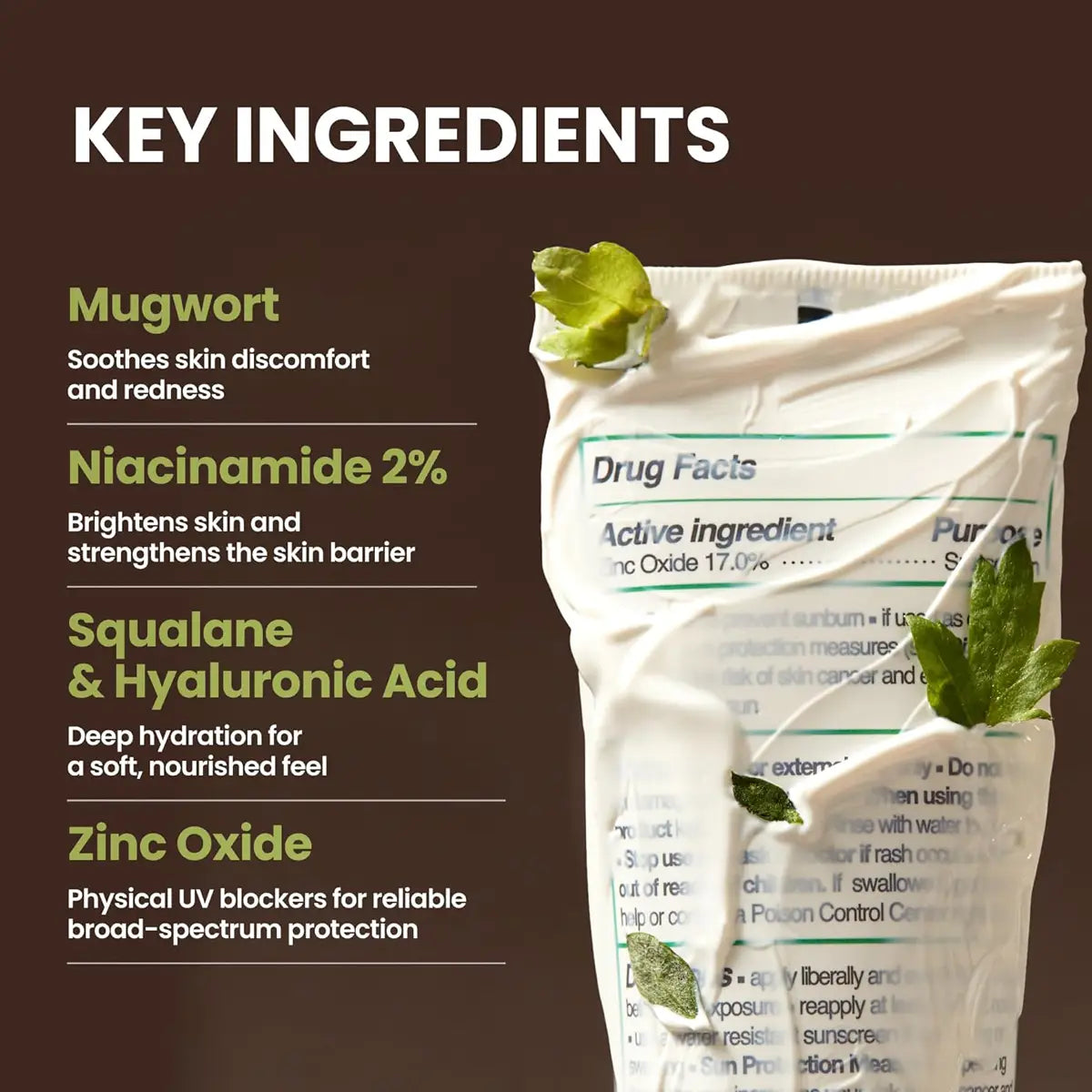 Sunscreen packaging with key ingredients listed on a brown background