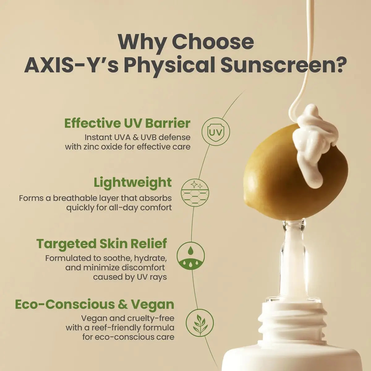 Axis-Y sunscreen bottle with text highlighting features on a beige background