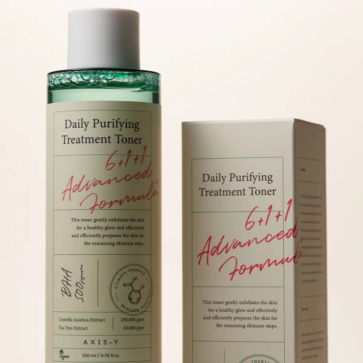 Daily Purifying Treatment Toner bottle and box with '6+1+1 Advanced Formula' text on a beige background