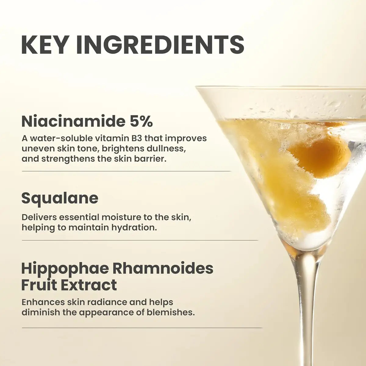 Product ingredients list with a glass of a beverage on a light background