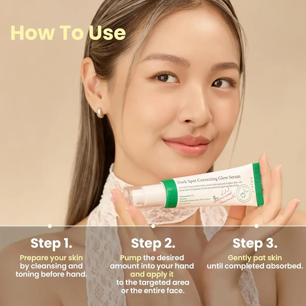 Woman holding a skincare serum with step-by-step instructions on a beige background