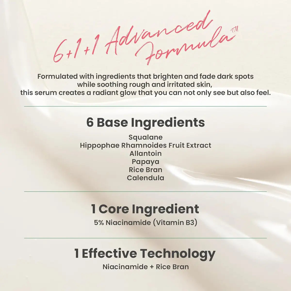 Product label with '6+1+1 Advanced Formula' and list of ingredients on a beige background.