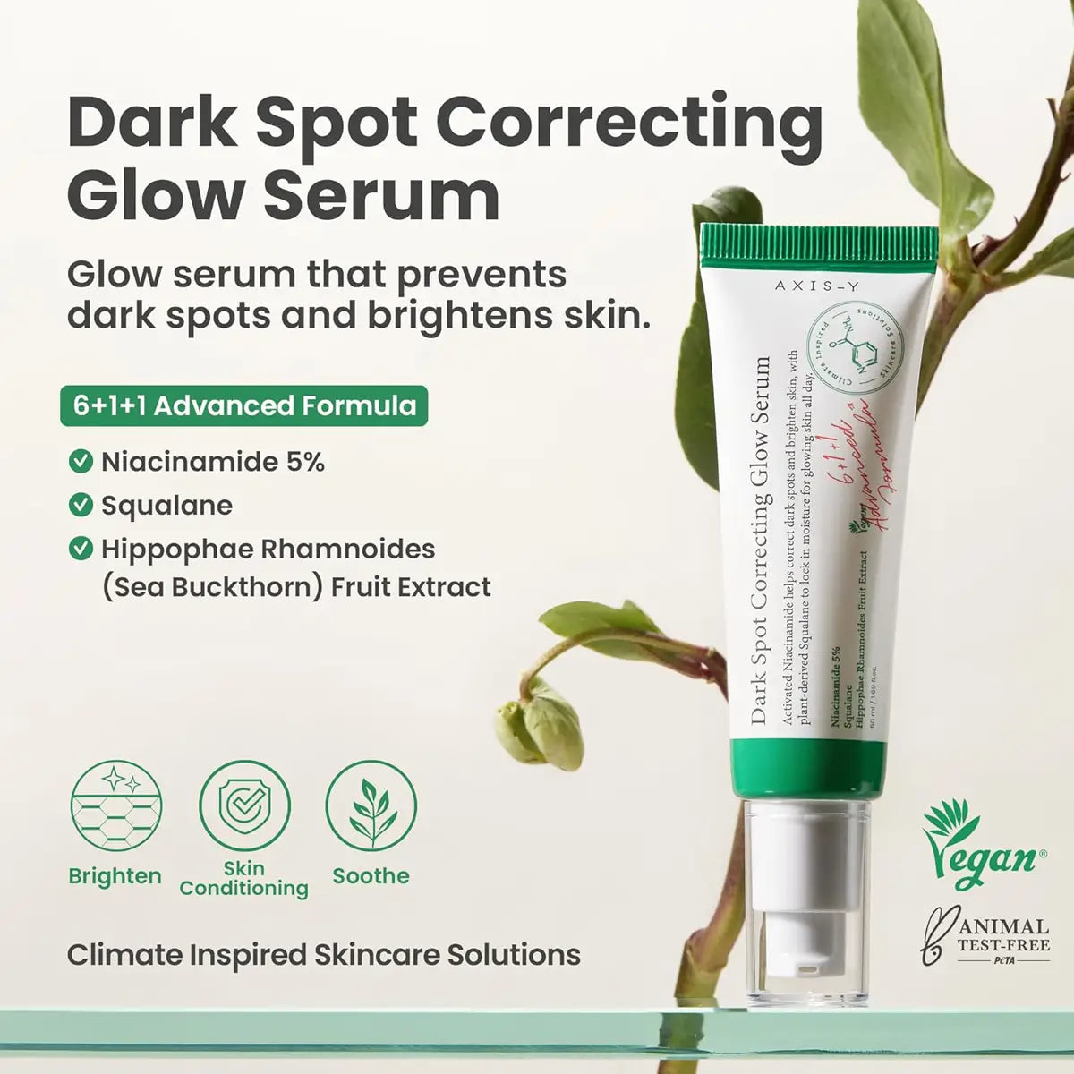 Dark spot correcting glow serum with product details and benefits on a light background