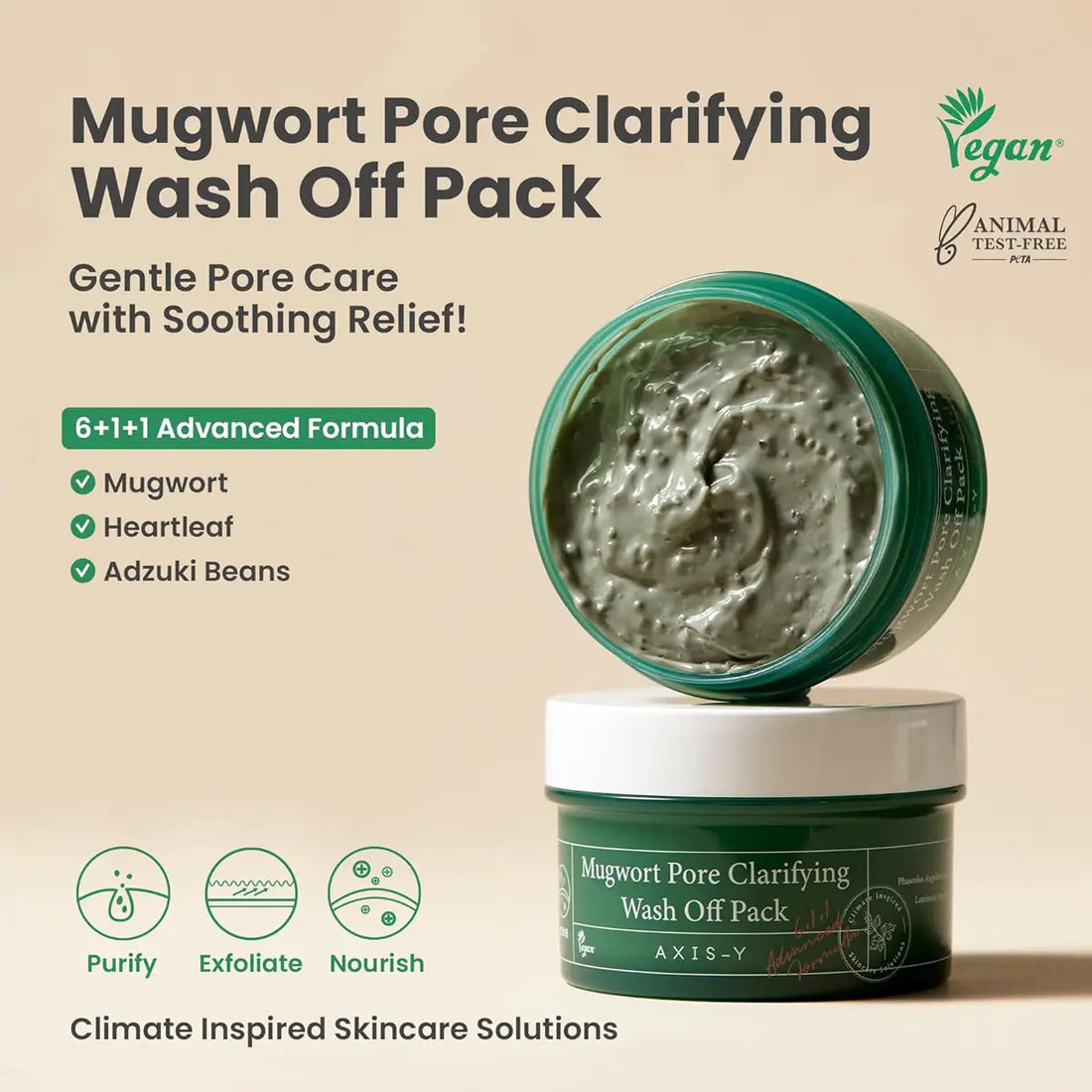 Mugwort Pore Clarifying Wash Off Pack with product details on a beige background