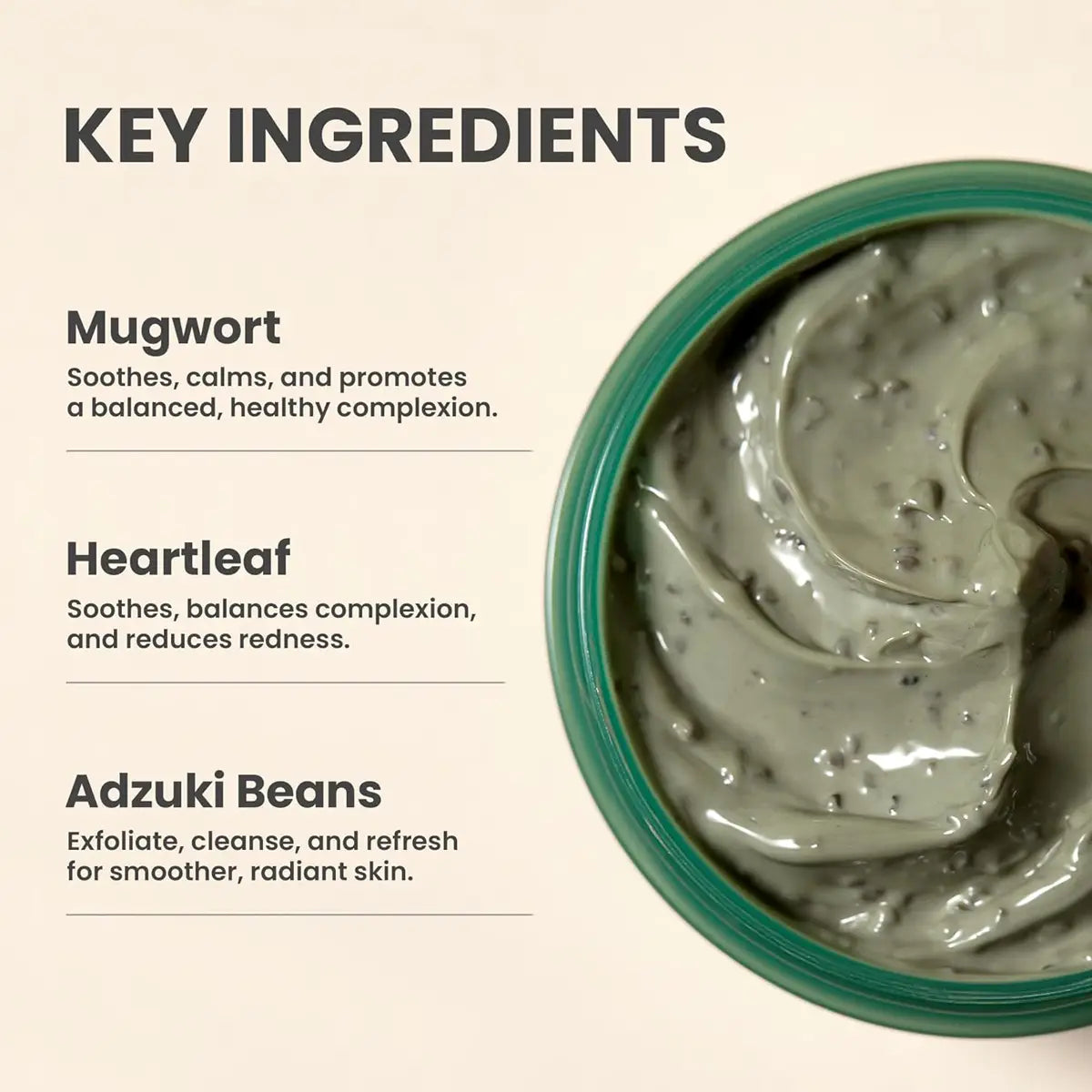 Key ingredients of a skincare product with text on a beige background