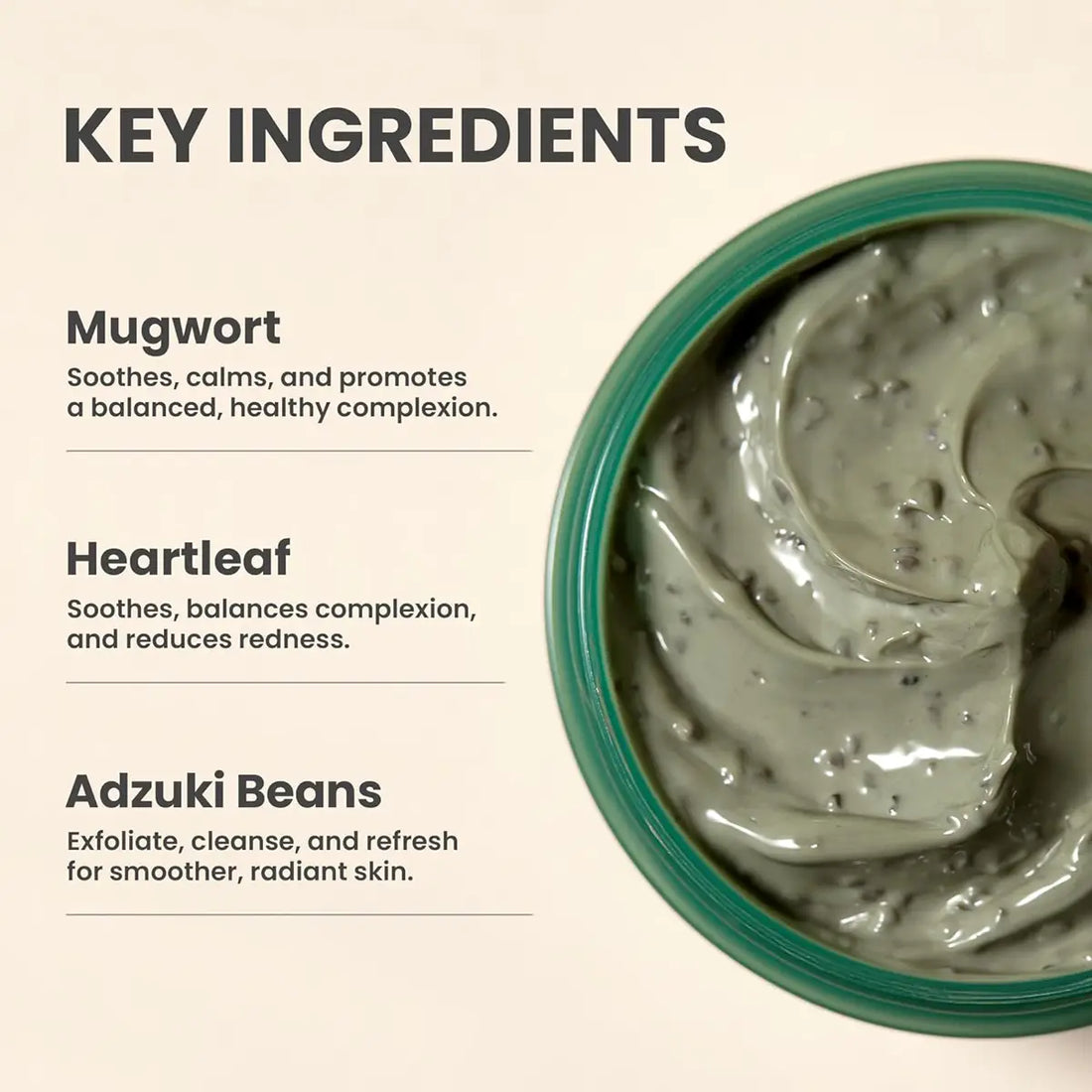 Key ingredients of a skincare product with text on a beige background