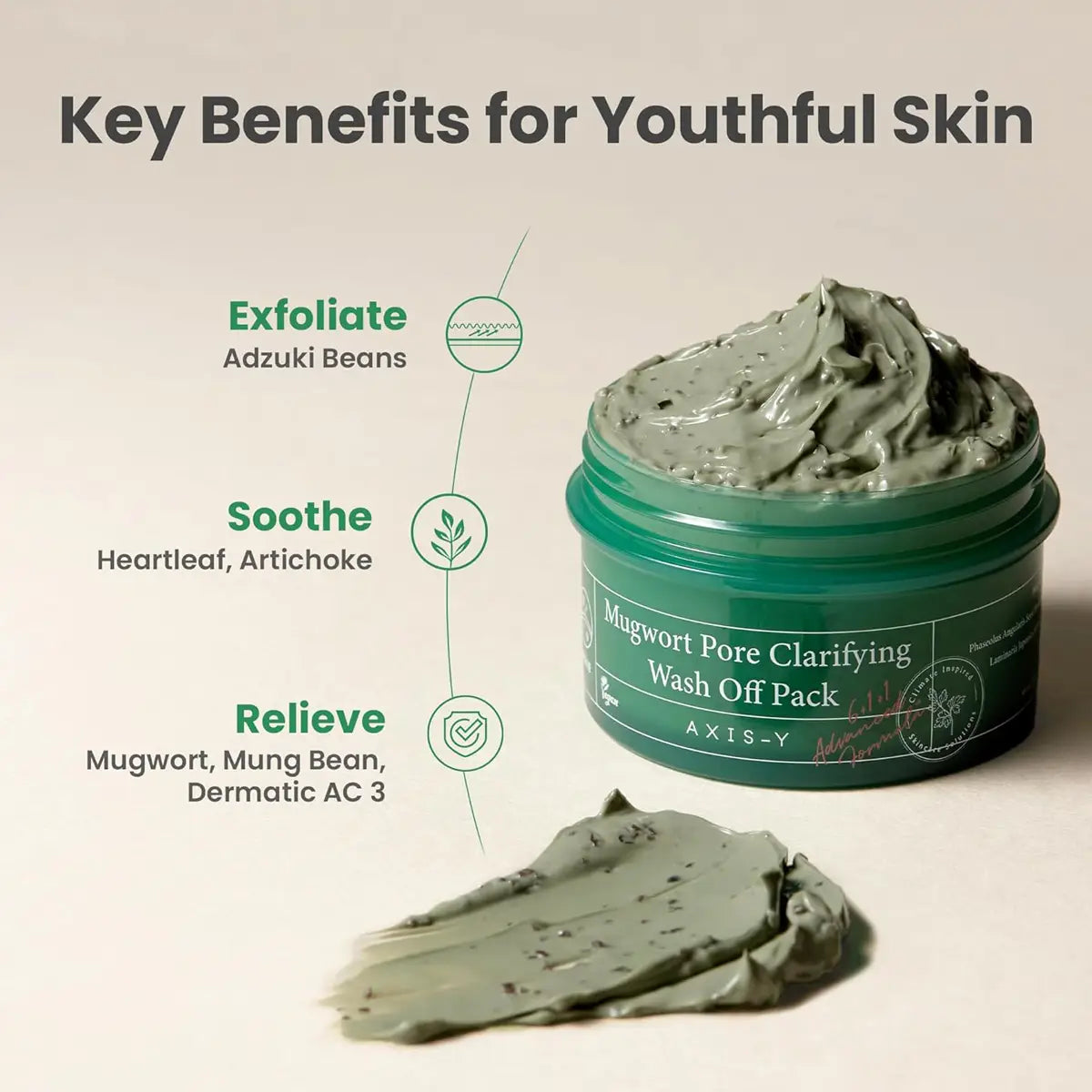 Mugwort Pore Clarifying Wash Off Pack with key benefits for youthful skin on a beige background