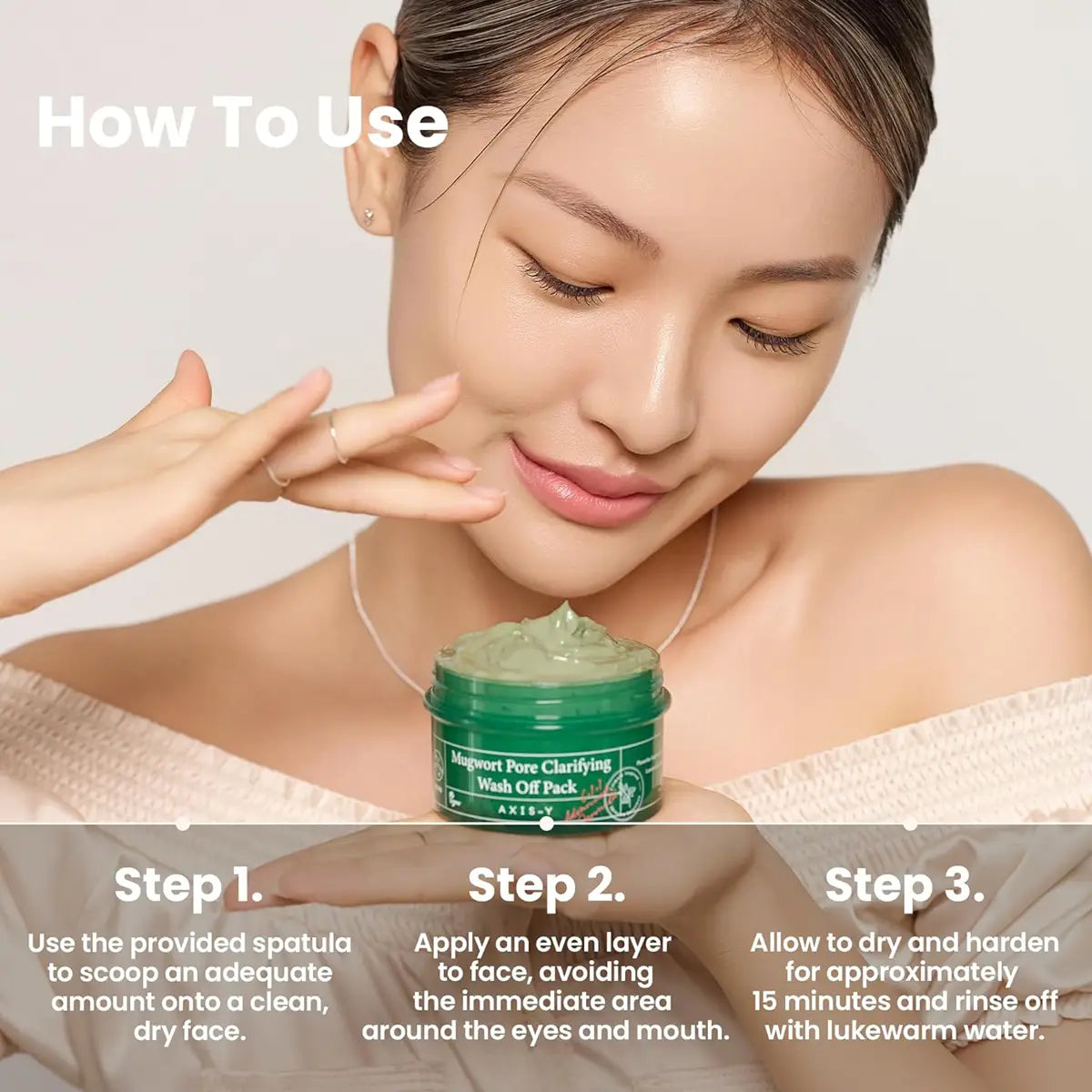 Woman applying green facial product with text on how to use it