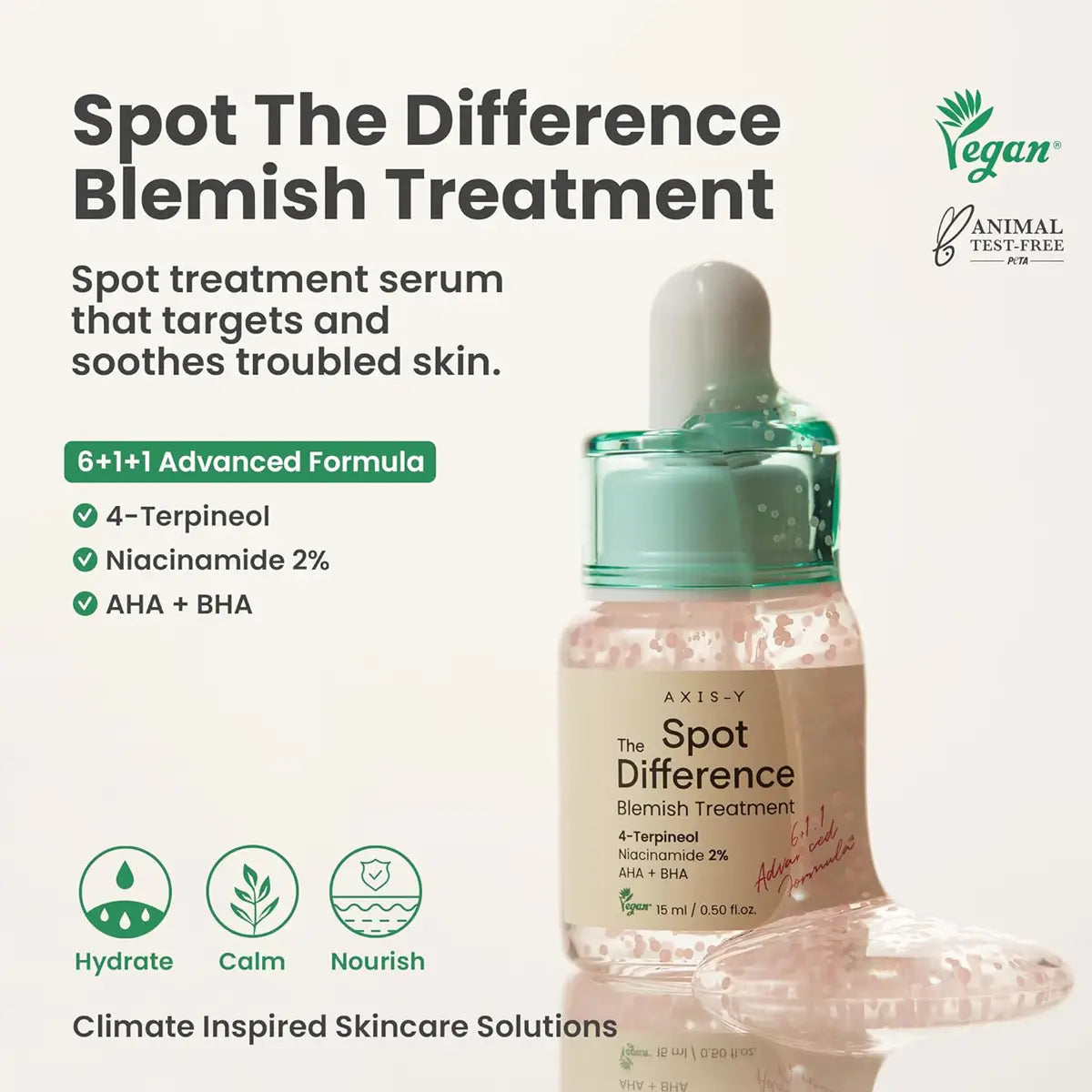 Axis Y Spot the Difference Blemish Treatment serum with product details and branding on a white background.