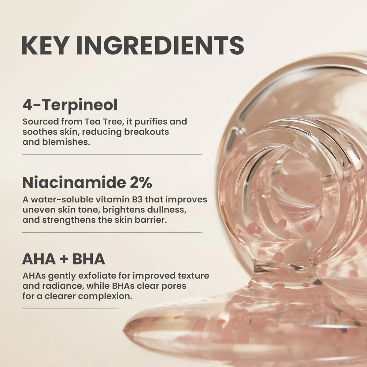 Cosmetic product with key ingredients listed on a beige background