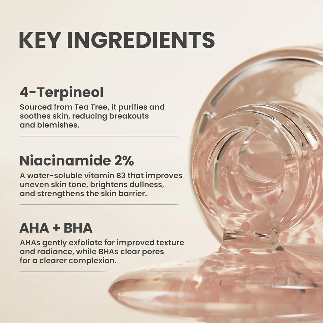 Cosmetic product with key ingredients listed on a beige background