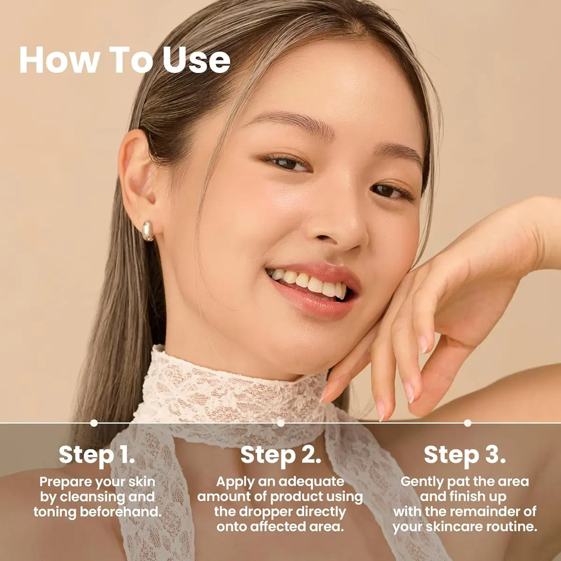 Woman applying skincare product with text on how to use it