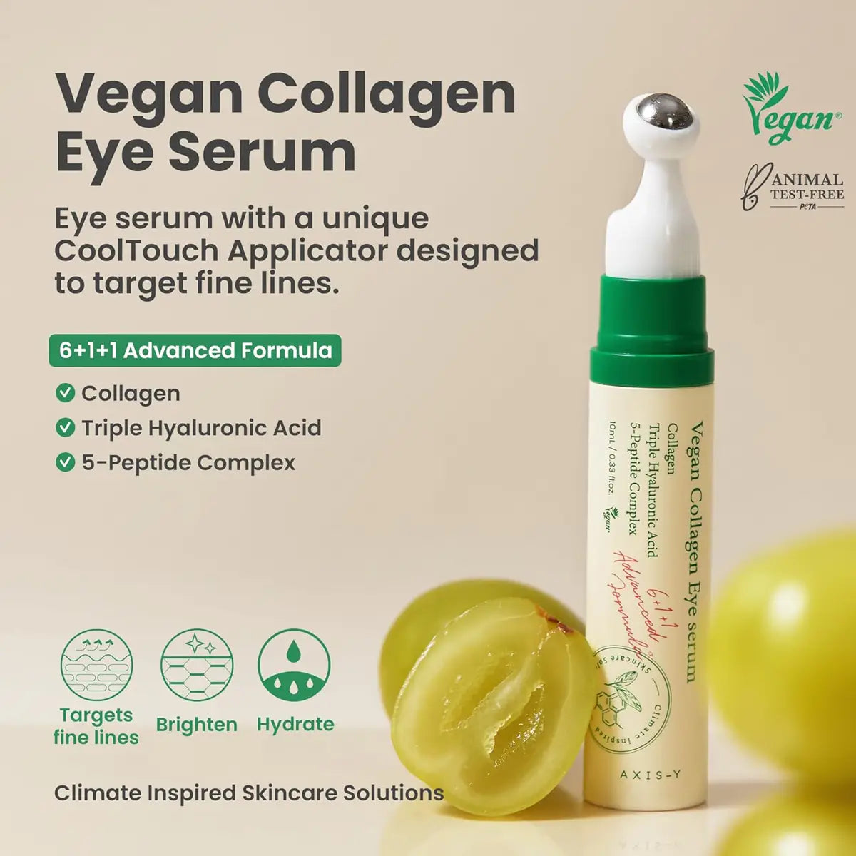 Vegan collagen eye serum with CoolTouch applicator and grapes on a beige background