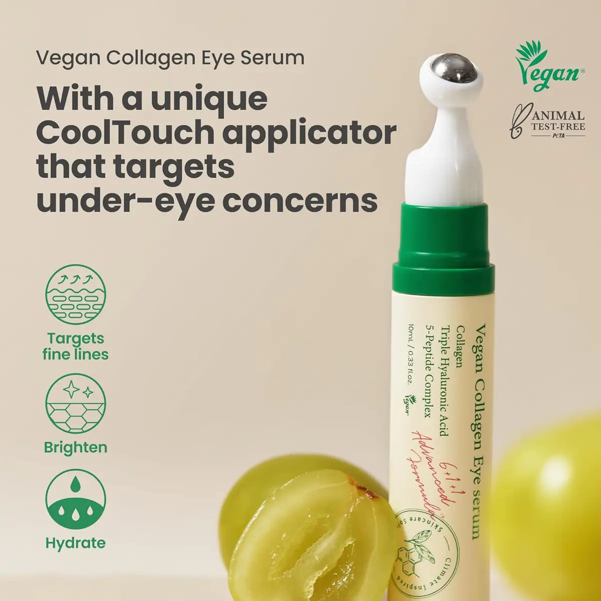 Vegan Collagen Eye Serum with CoolTouch applicator on a beige background