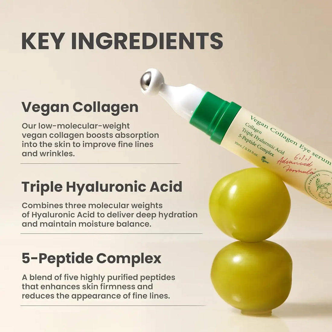 Vegan collagen eye serum with key ingredients listed on a beige background