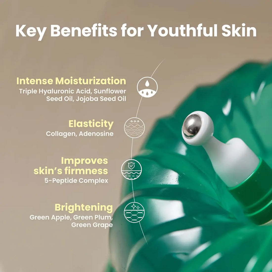 Key benefits for youthful skin with a green skincare product on a beige background