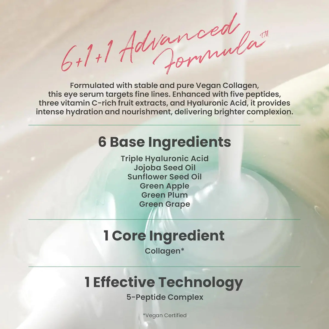 Product packaging with text about a vegan collagen eye serum, including ingredients and benefits.