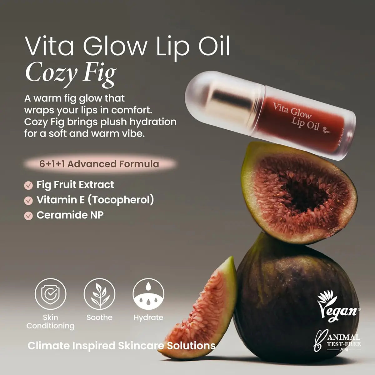 Vita Glow Lip Oil Cozy Fig with figs and product details on a gray background