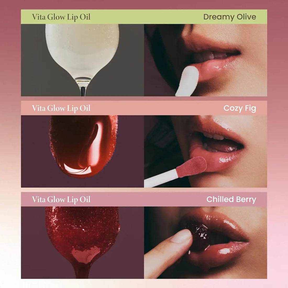 Vita Glow Lip Oil with different shades applied to lips on a pink background