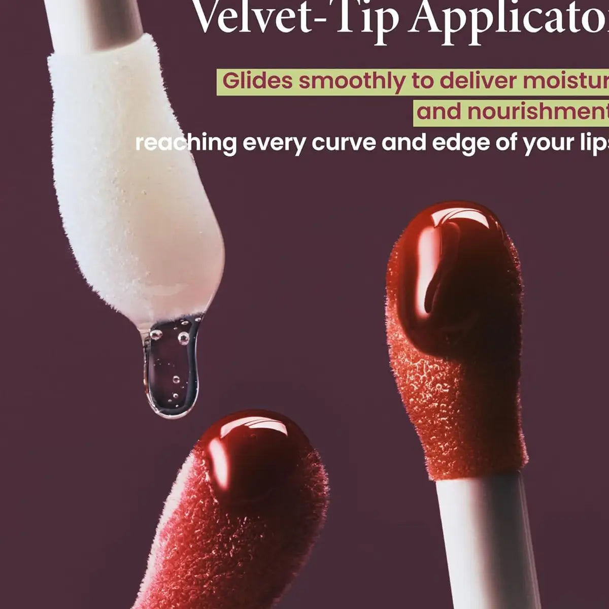 Lip oil with velvet-tip applicator on a dark background