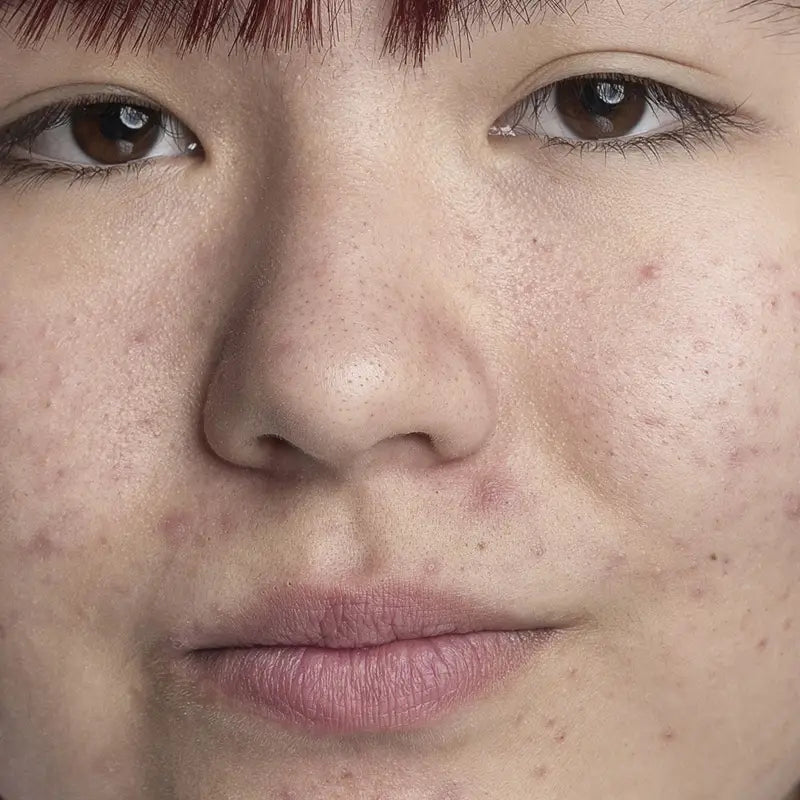Close-up of a person's face with acne and brown eyes.