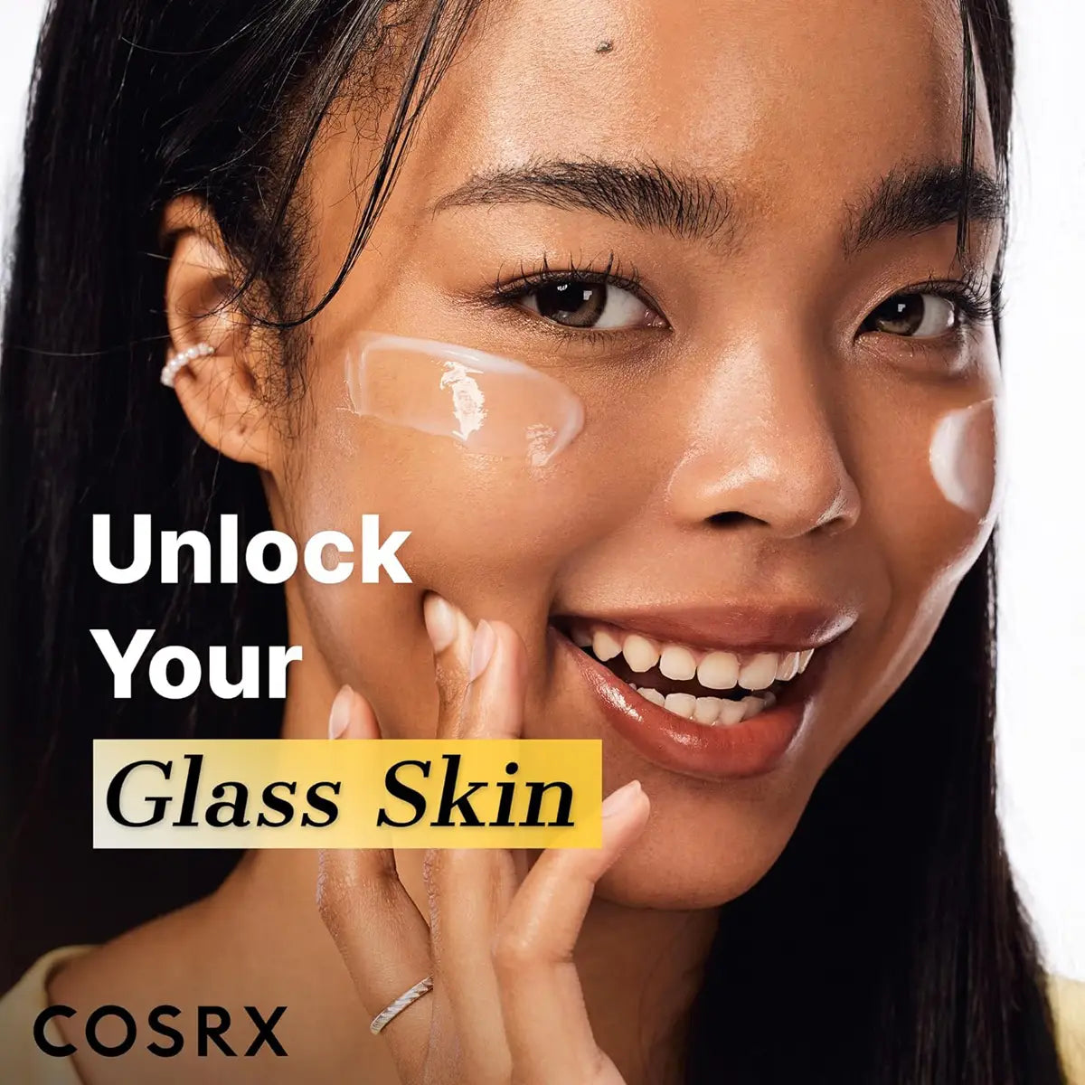 Woman applying skincare product with 'Unlock Your Glass Skin' text and COSRX logo.