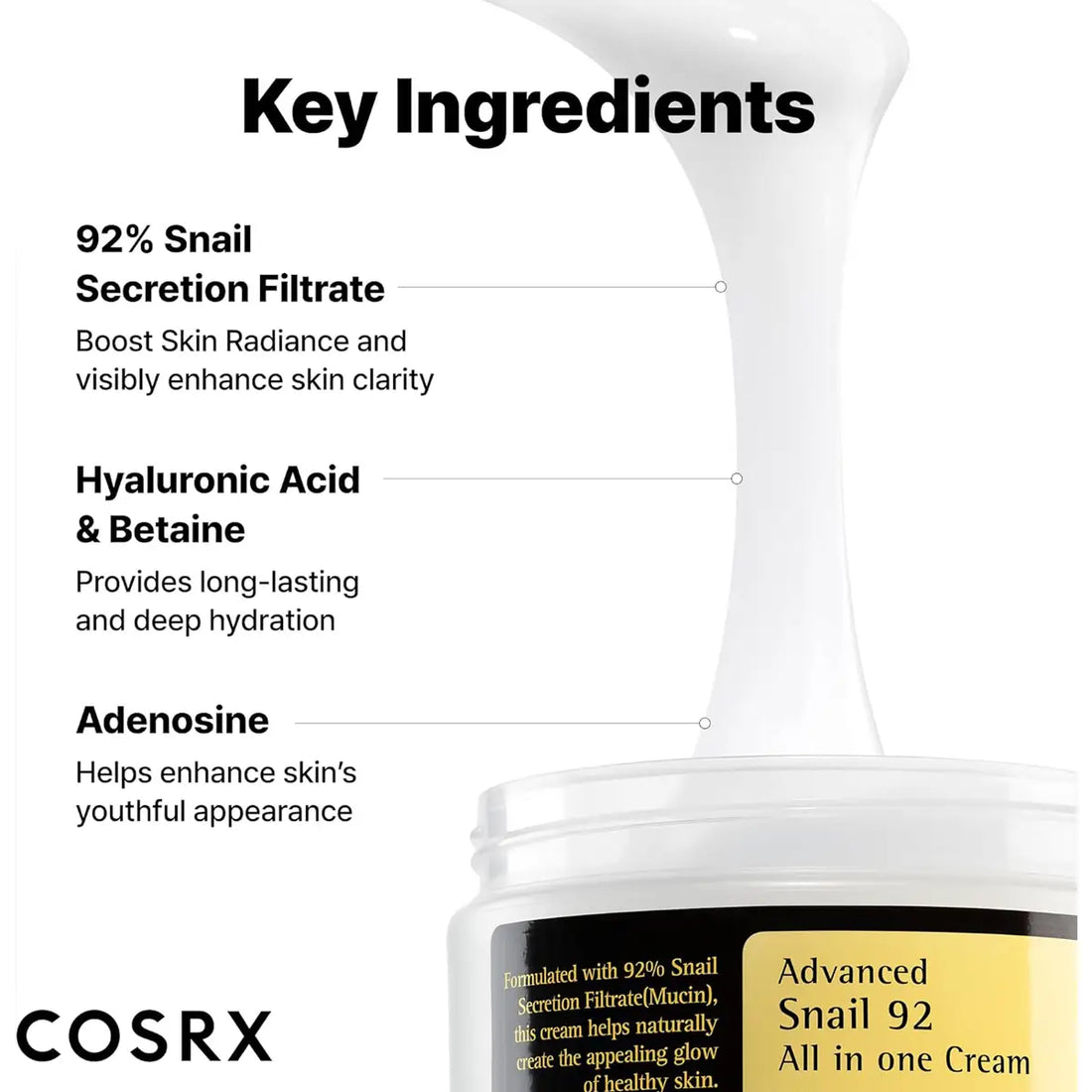 Cosrx skincare product with key ingredients listed on a white background
