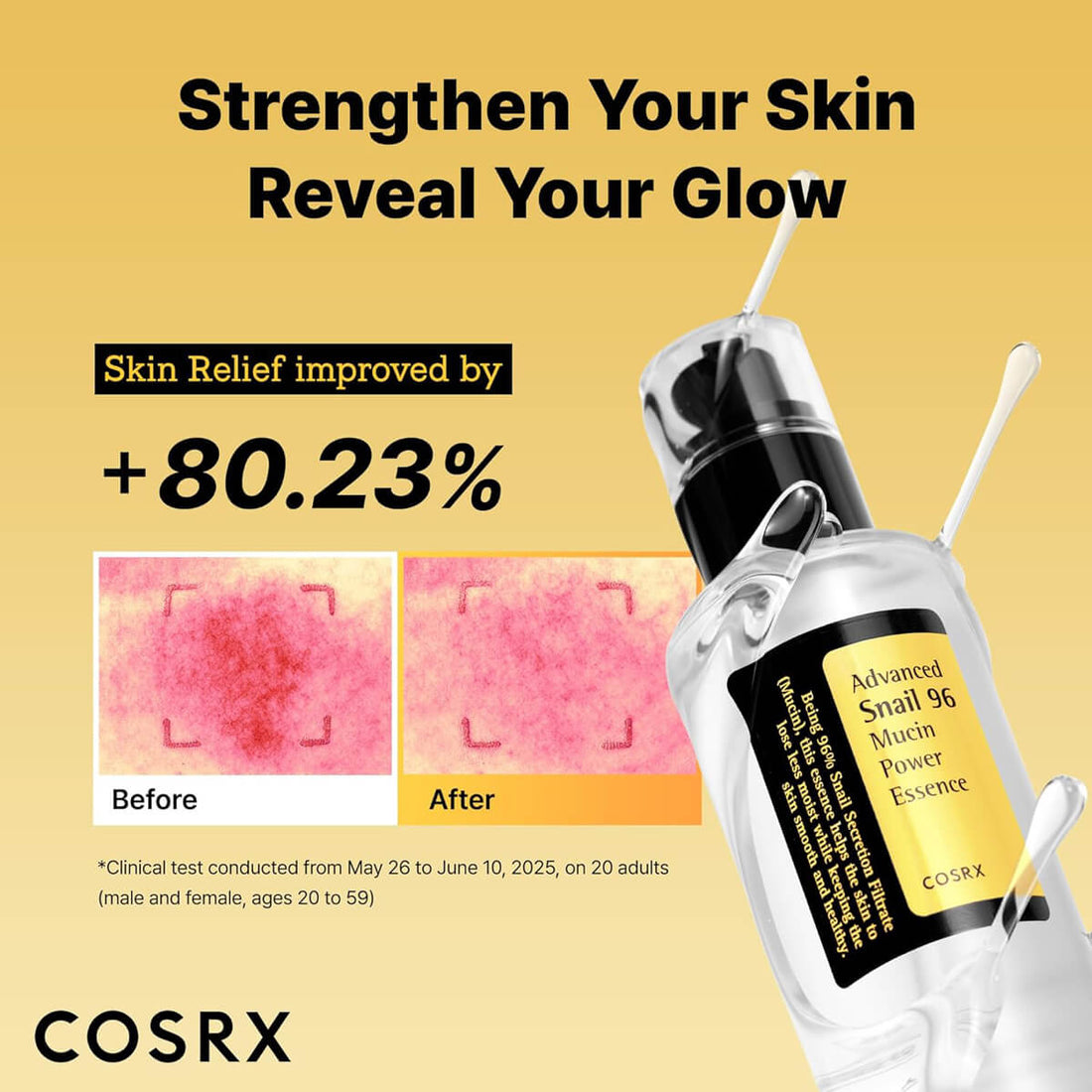 Cosrx skincare product with before and after effects on skin texture, on a yellow background.