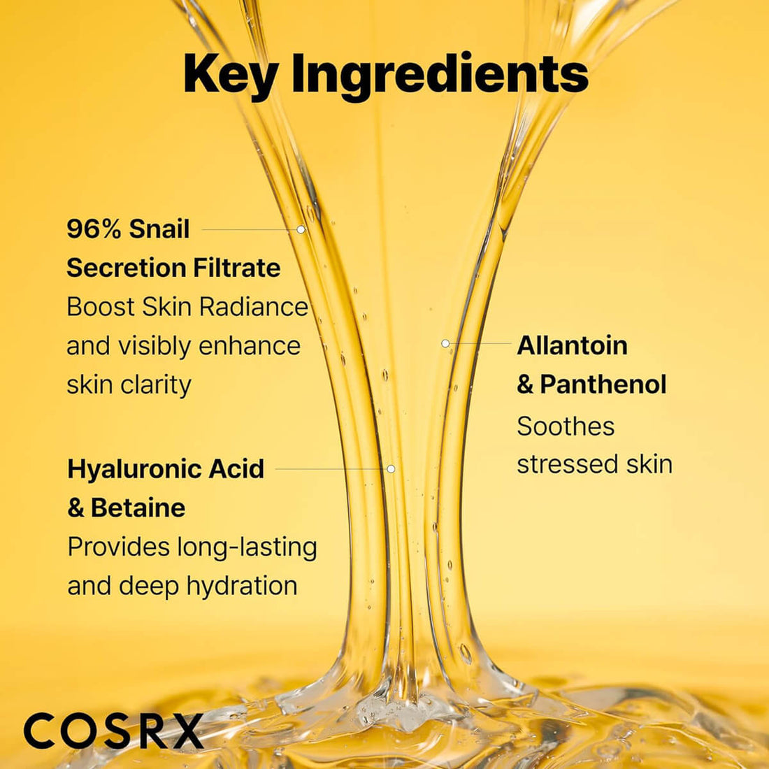 Cosrx skincare product with key ingredients on a yellow background