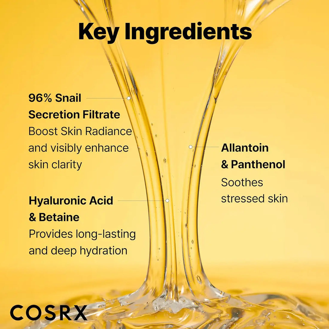 Cosrx skincare product with key ingredients listed on a yellow background