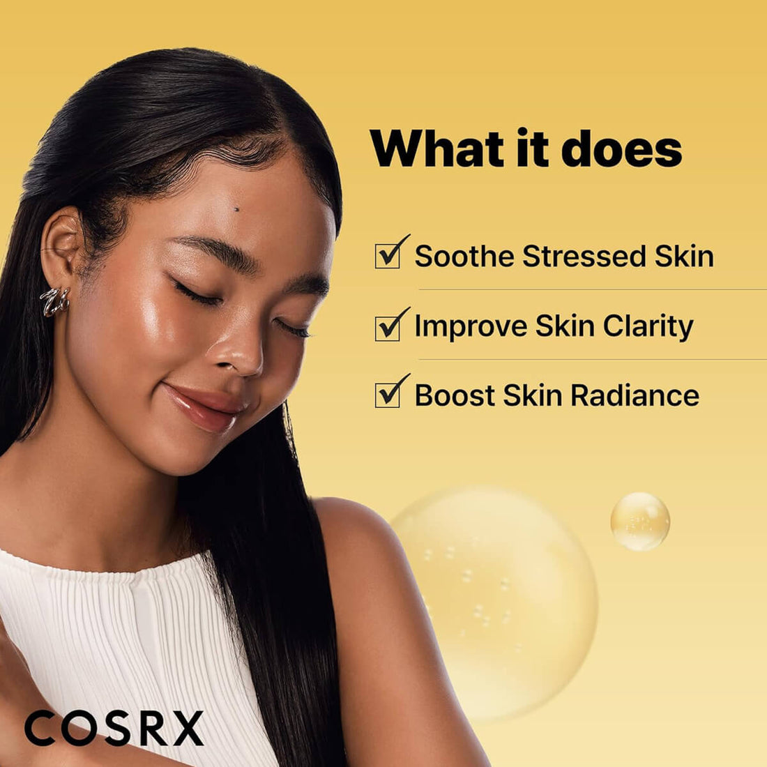 Woman with smooth skin on a yellow background with COSRX branding and product benefits listed.